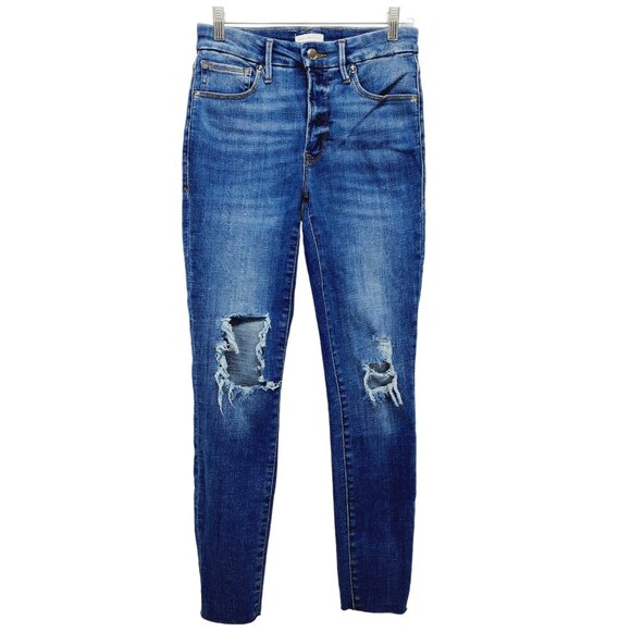 Good American Denim - Good American Womens Distressed Skinny Jeans 4/27 Blue Denim